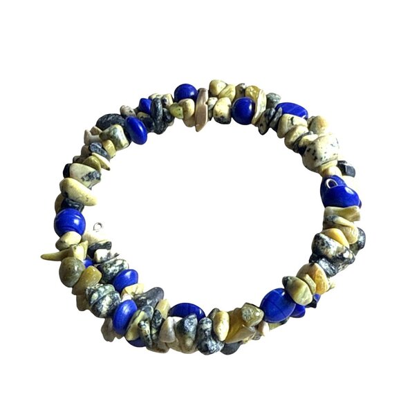 Natural Gemstone Stretch Bracelet With Lapis Lazuli & Yellow Jasper Beads - Picture 7 of 8